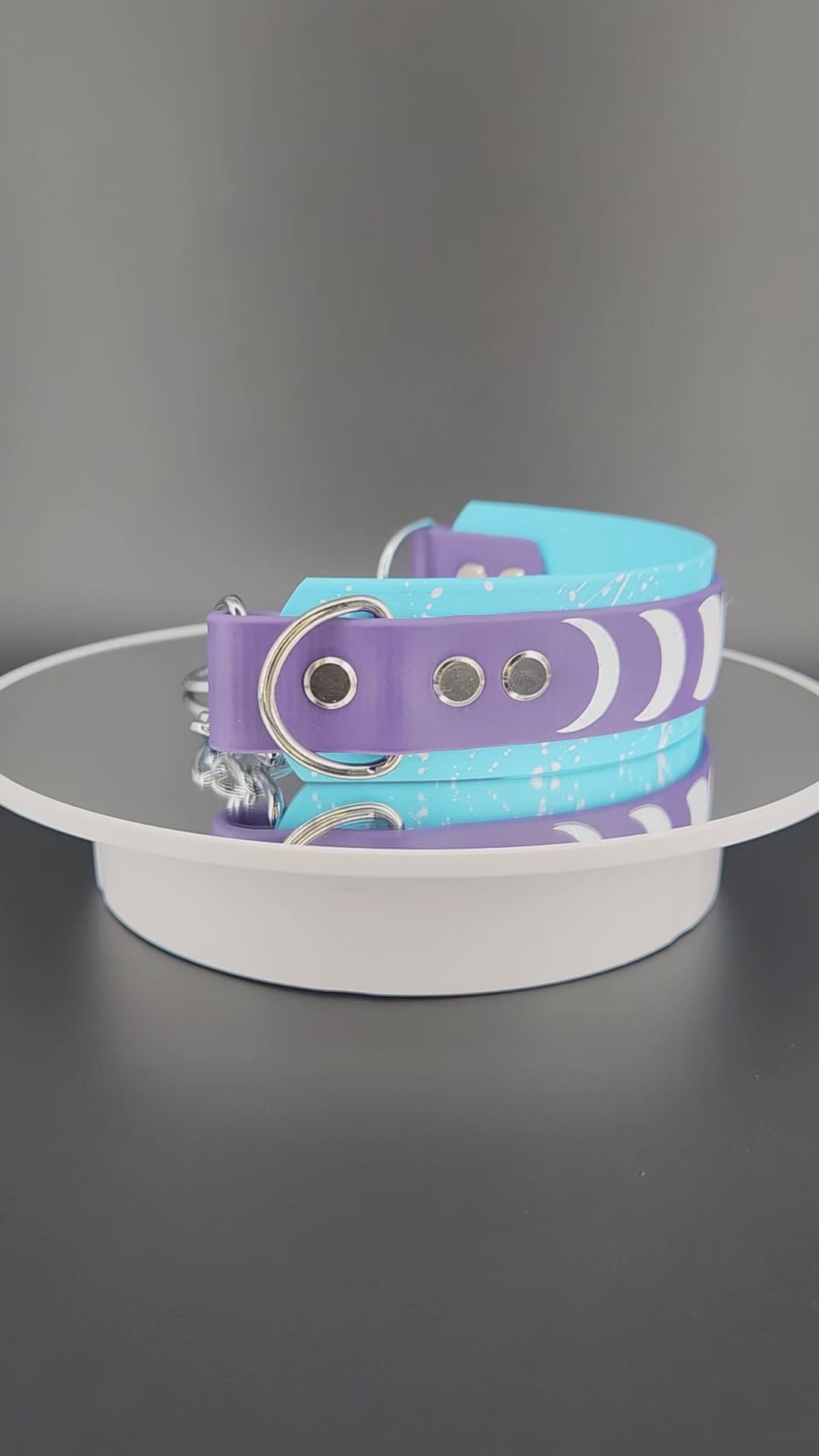 1.5 inch wide light blue and dark purple layered biothane chain martingale dog collar with moon phases and splatter paint for stars