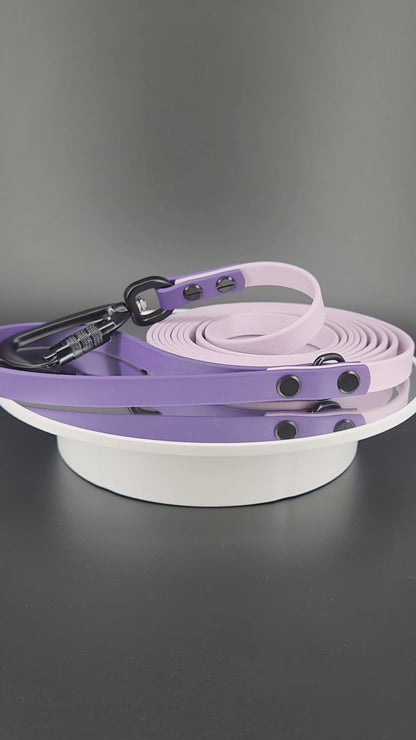 half inch wide 10 feet long lavender and dark purple biothane leash with black auto locking carabiner clip