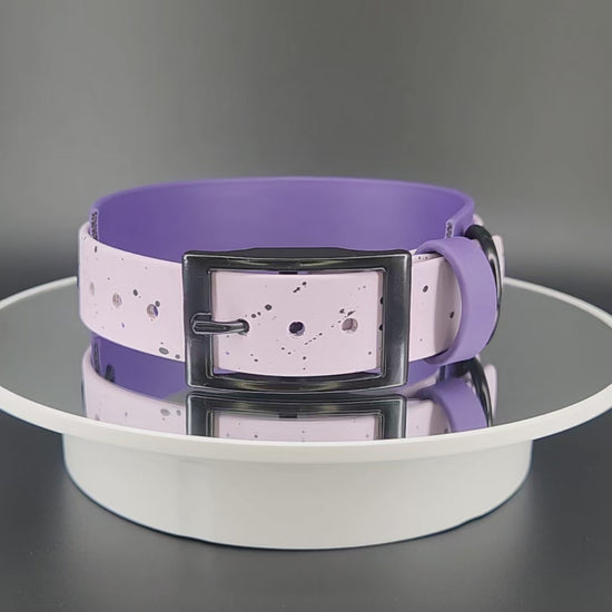 dark purple and lavender layered biothane moon phases collar with splatter paint stars