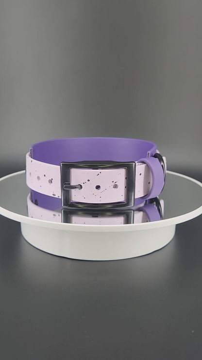 dark purple and lavender layered biothane moon phases collar with splatter paint stars