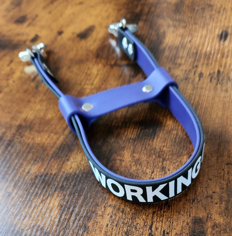 purple and black biothane pull strap with custom text
