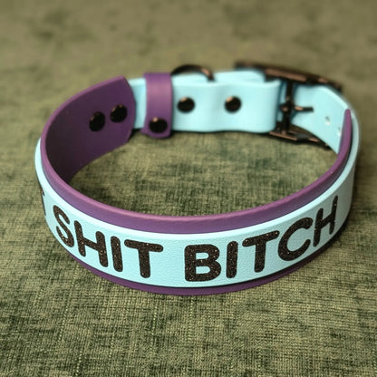 purple and blue layered biothane eat shit bitch dog collar