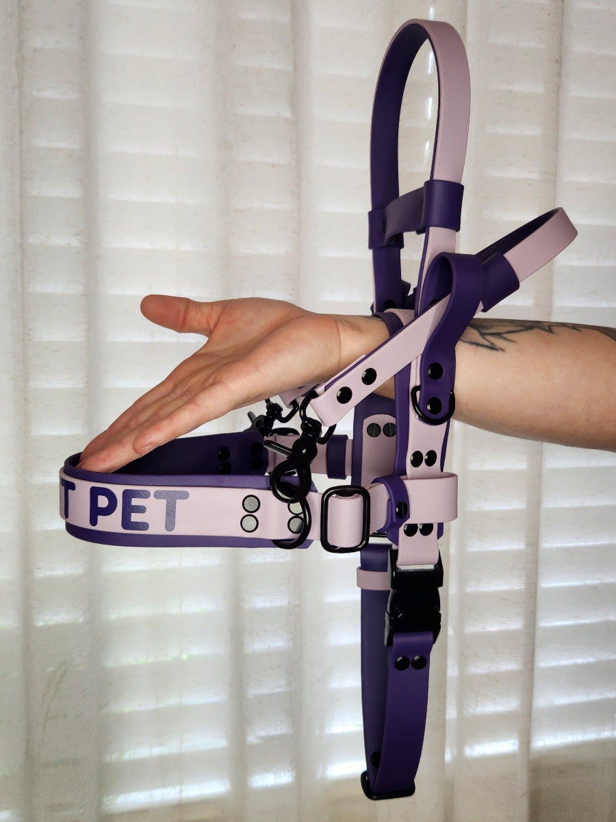 purple and lavender biothane straight front service dog harness with counterbalance handle and pull strap