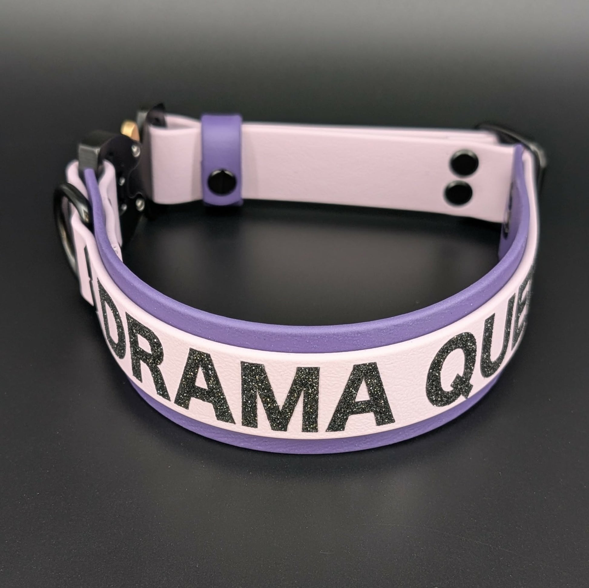 purple and lavender layered biothane dog collar with quick release cobra buckle and drama queen text in black glitter