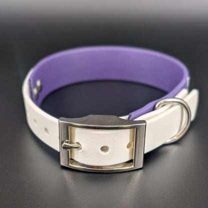 purple and white tapered biothane small dog collar