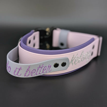 purple lavender and gray biothane dog collar with tactical handle and quick release cobra buckle