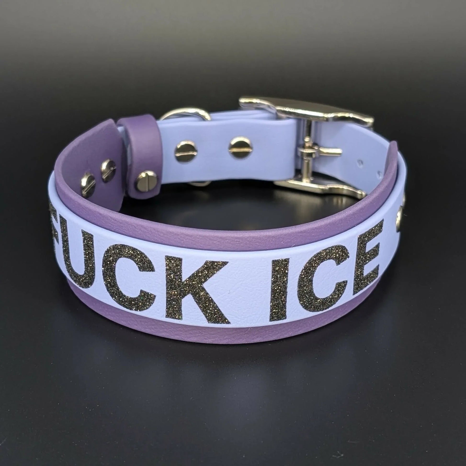 dark purple and periwinkle blue layered biothane dog collar with black glitter fuck ice text