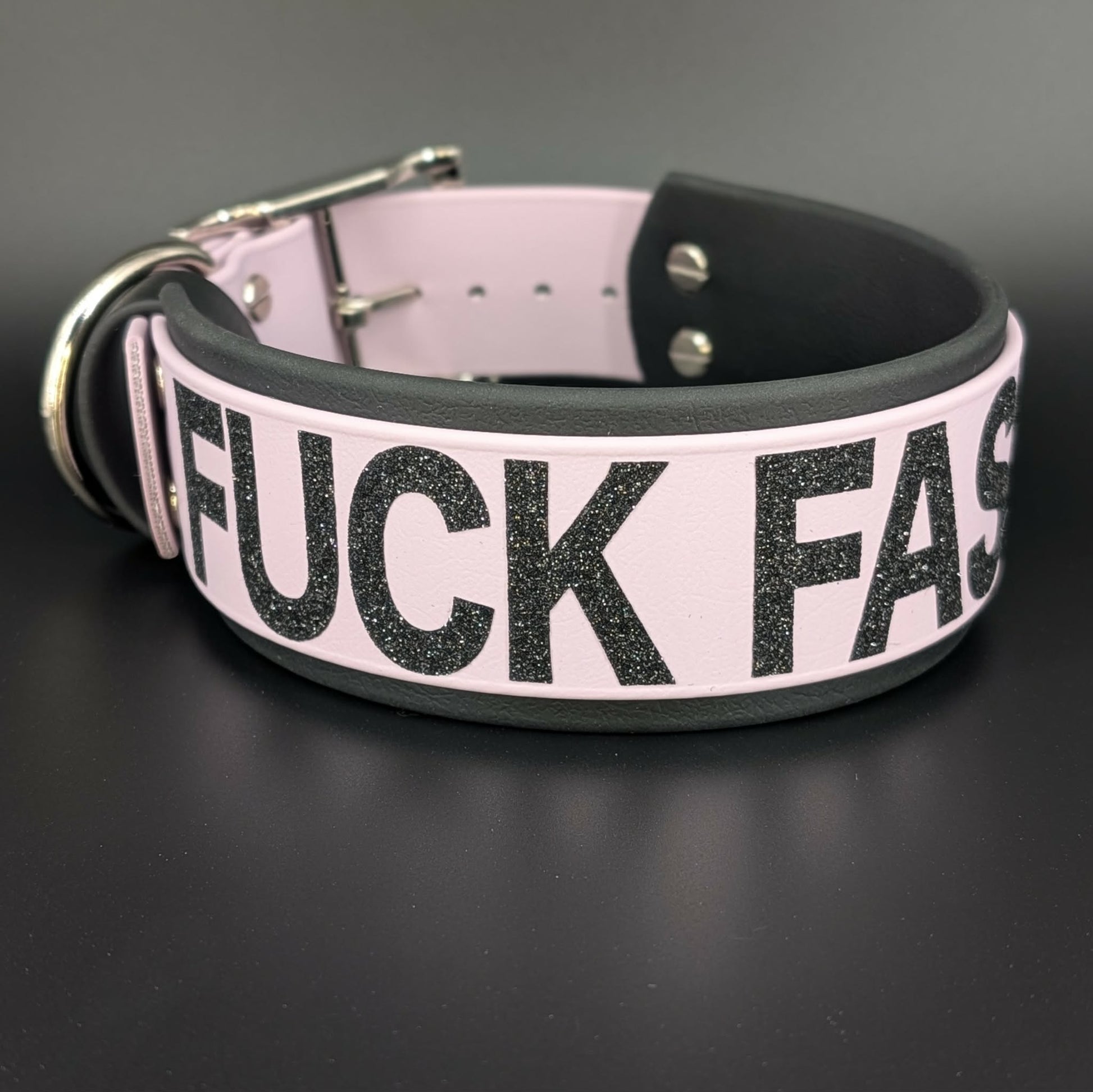 ready to ship 2 inch wide black and lavender biothane collar fuck fascism