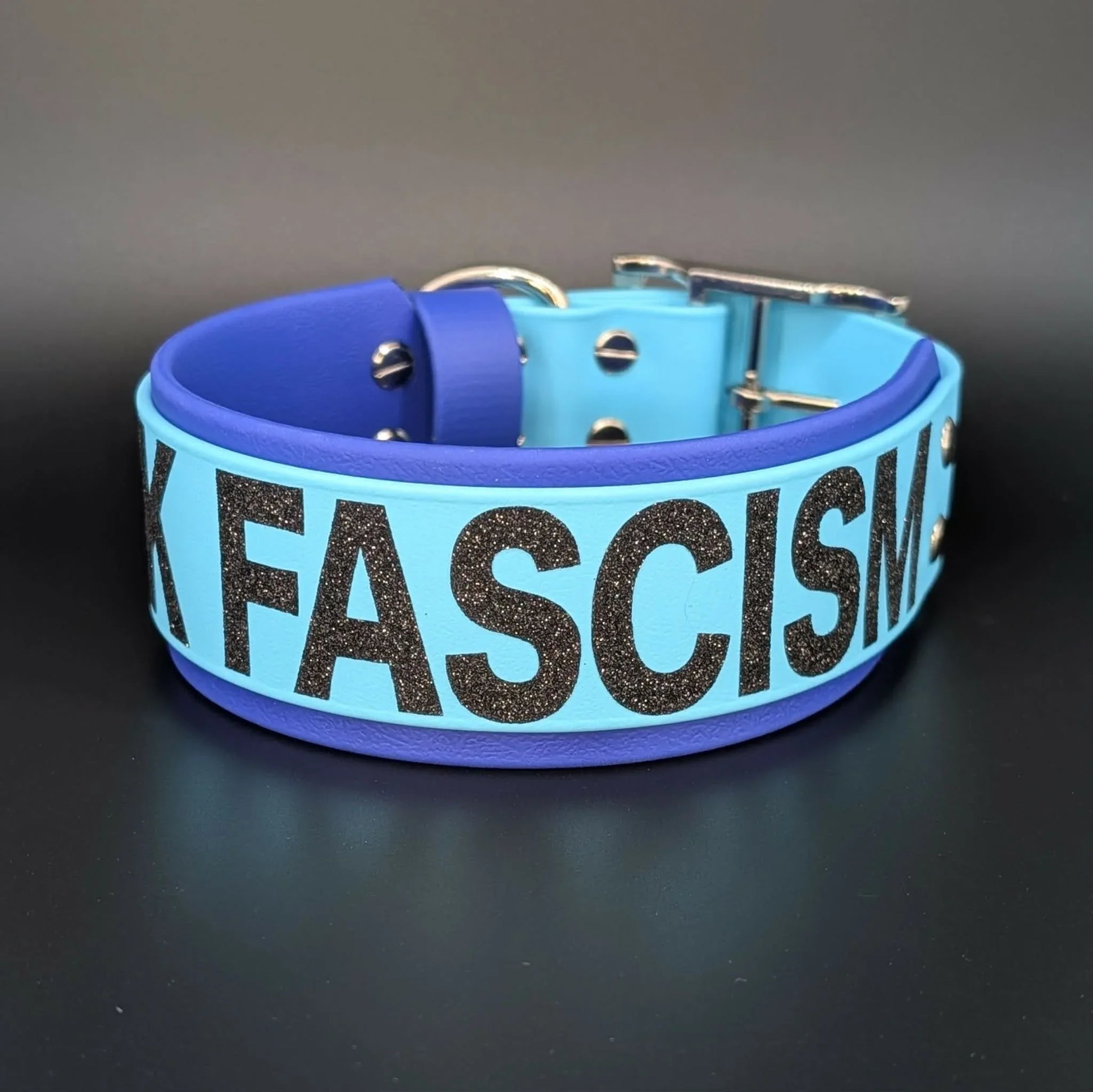 ready to ship 2 inch wide layered blue biothane fuck fascism dog collar