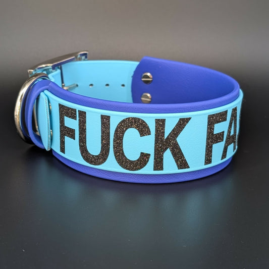 ready to ship 2 inch wide layered biothane fuck fascism dog collar