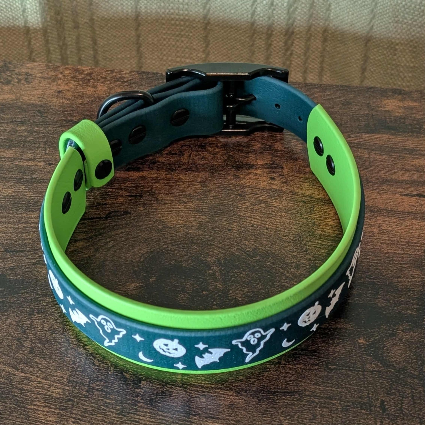 ready to ship light and dark green layered biothane halloween dog collar