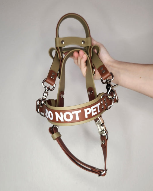 ready to ship premade tan and brown biothane layered straight front service dog harness