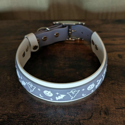 ready to ship white and gray layered biothane halloween dog collar