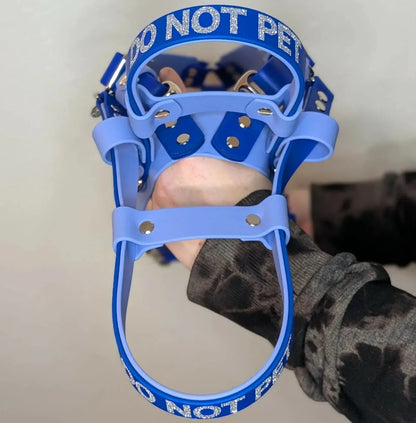 Top view of Ready to Ship - Periwinkle and Royal Blue Biothane Y-Front Service Dog Mobility Harness with Counterbalance Handle and Pull Strap - Outer Space Dog Gear