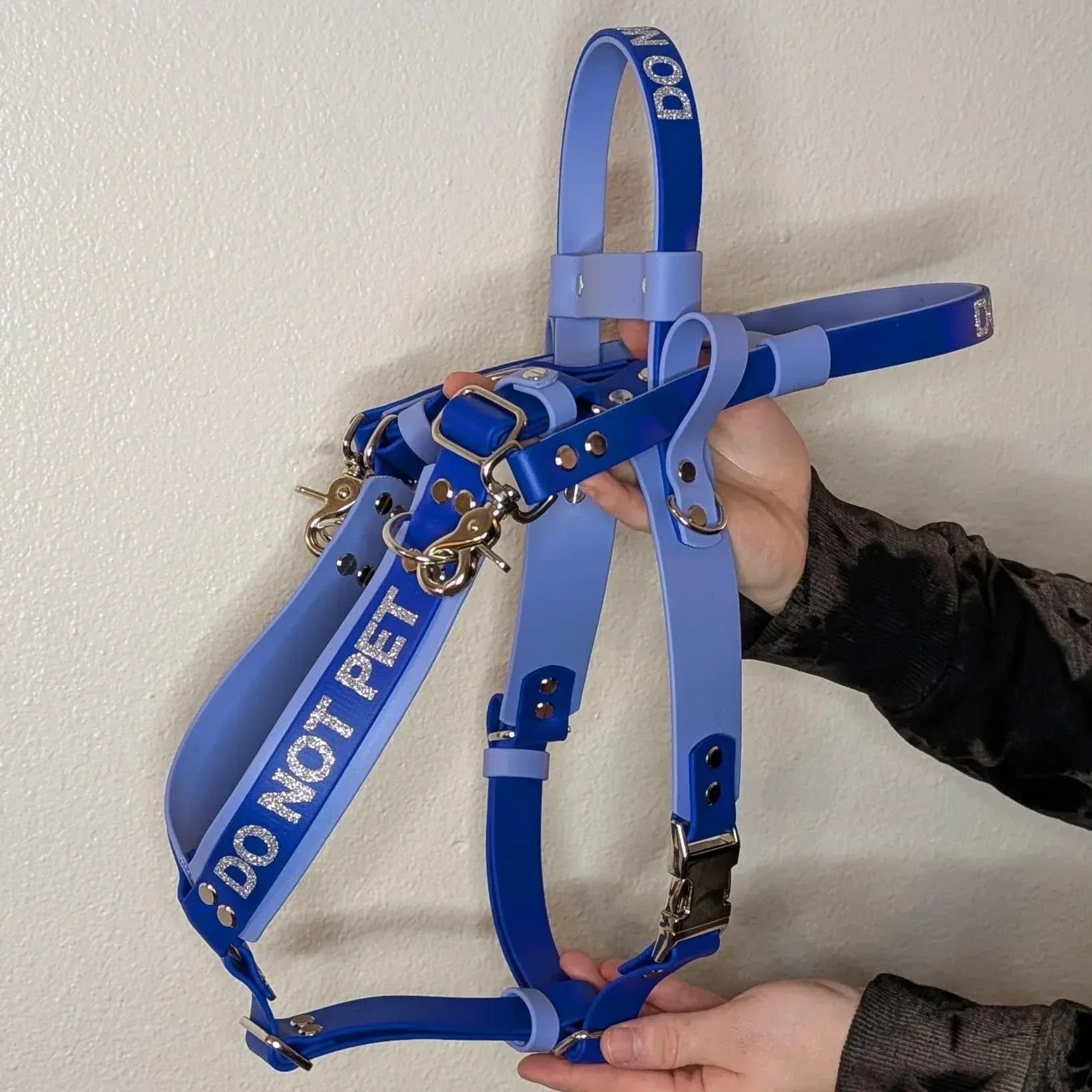 A person holds this Ready to Ship - Periwinkle and Royal Blue Biothane Y-Front Service Dog Mobility Harness with Counterbalance Handle and Pull Strap - Outer Space Dog Gear
