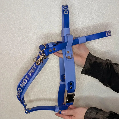 Two hands holding a Ready to Ship - Periwinkle and Royal Blue Biothane Y-Front Service Dog Mobility Harness with Counterbalance Handle and Pull Strap - Outer Space Dog Gear