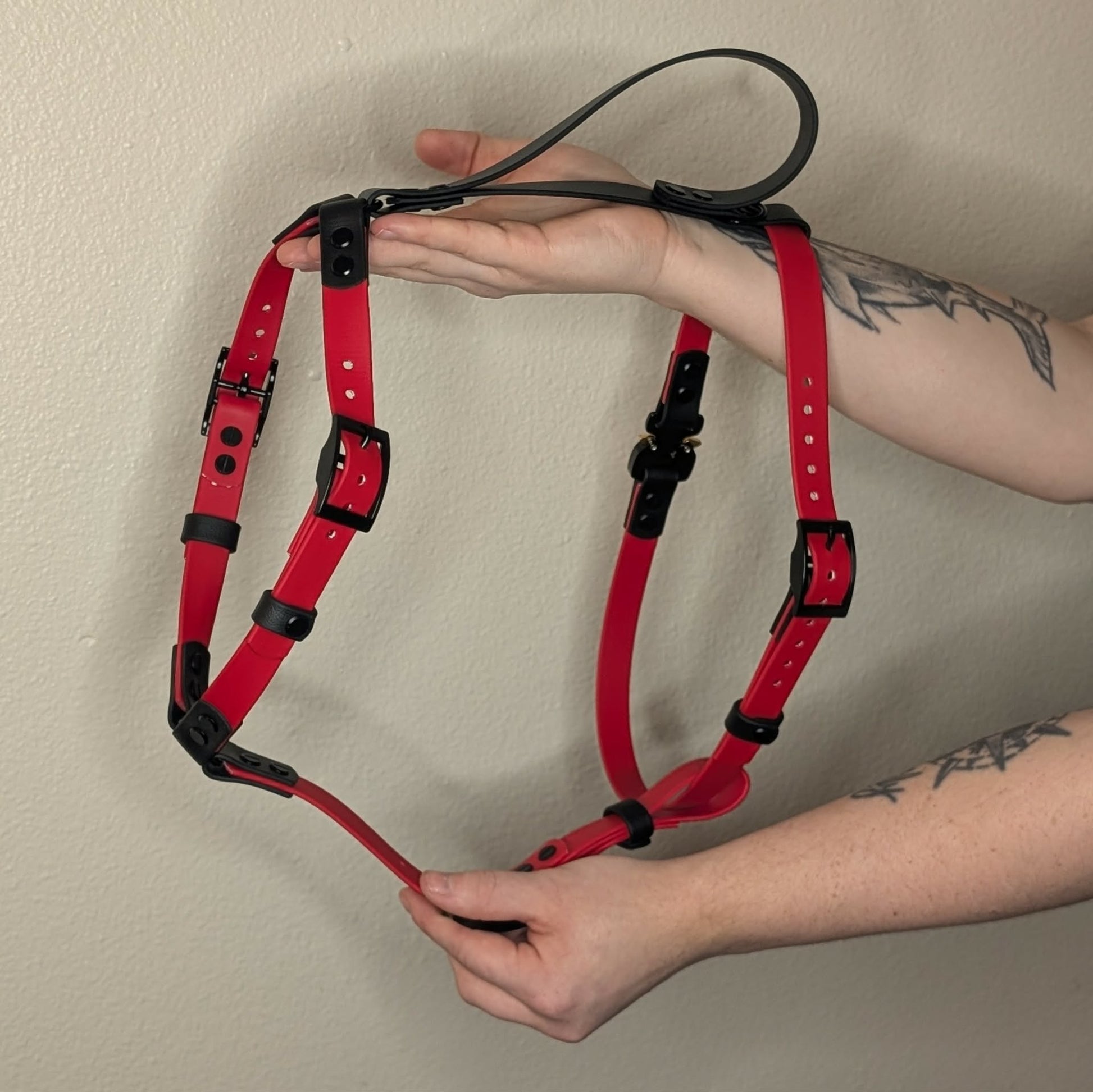 red and black biothane dog harness with quick release cobra buckle and tactical handle