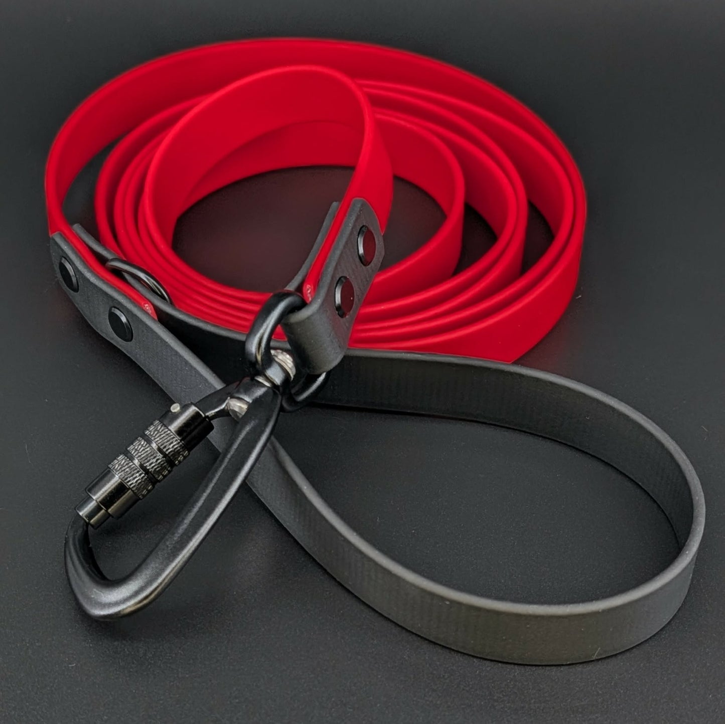 red and black biothane large dog leash with traffic handle and auto locking carabiner clip