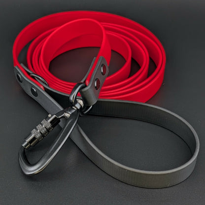 red and black biothane large dog leash with traffic handle and auto locking carabiner clip