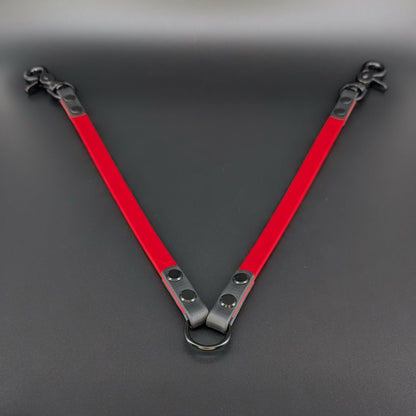 red and black biothane leash coupler for walking two dogs