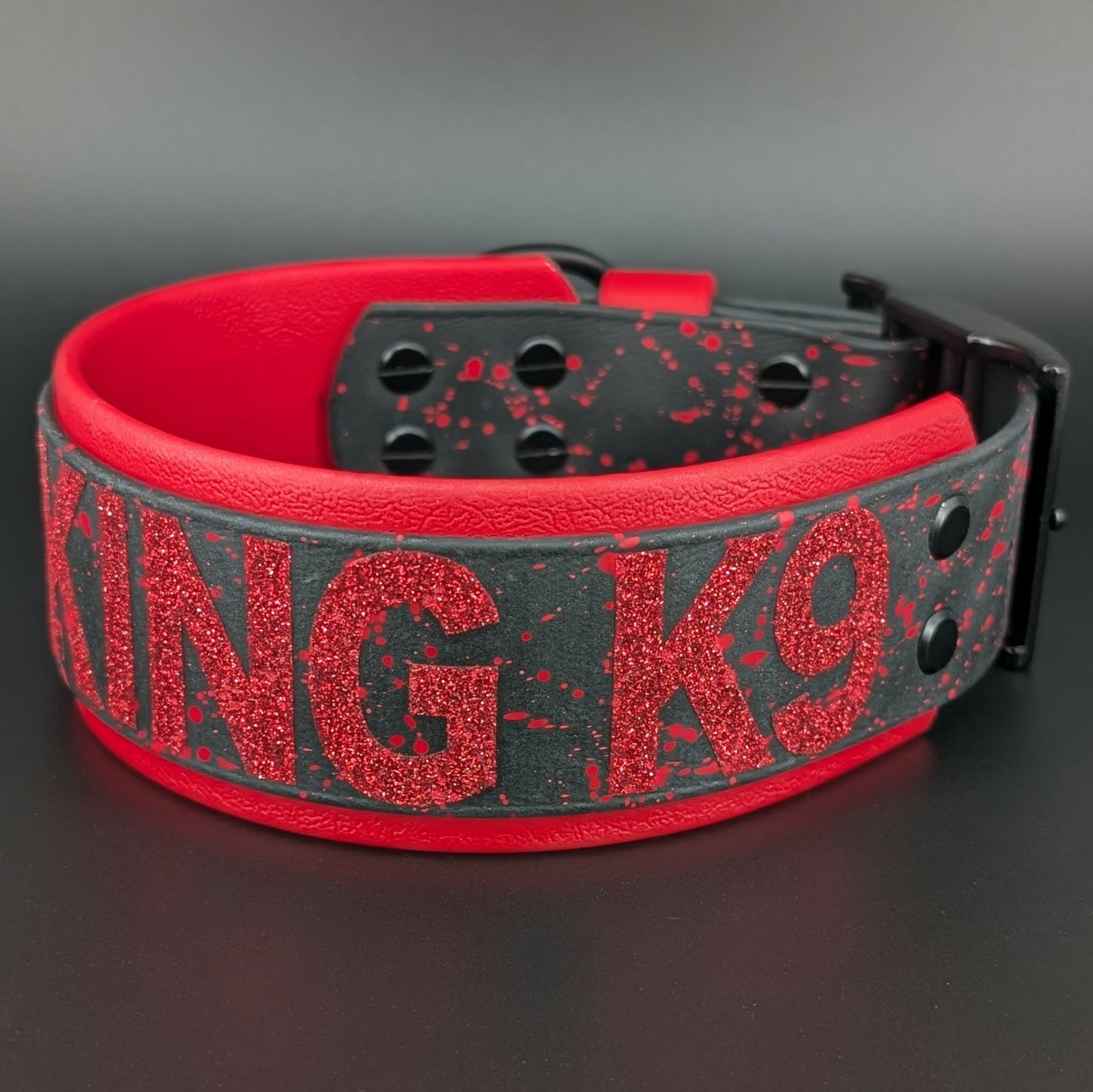 red and black layered biothane working k9 collar with splatter paint