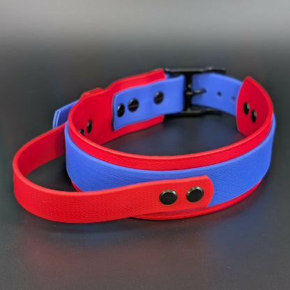 red and royal blue biothane dog collar with tactical handle