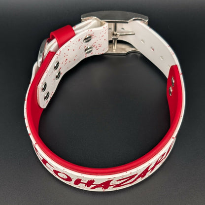 red and white layered biothane biohazard collar with splatter paint