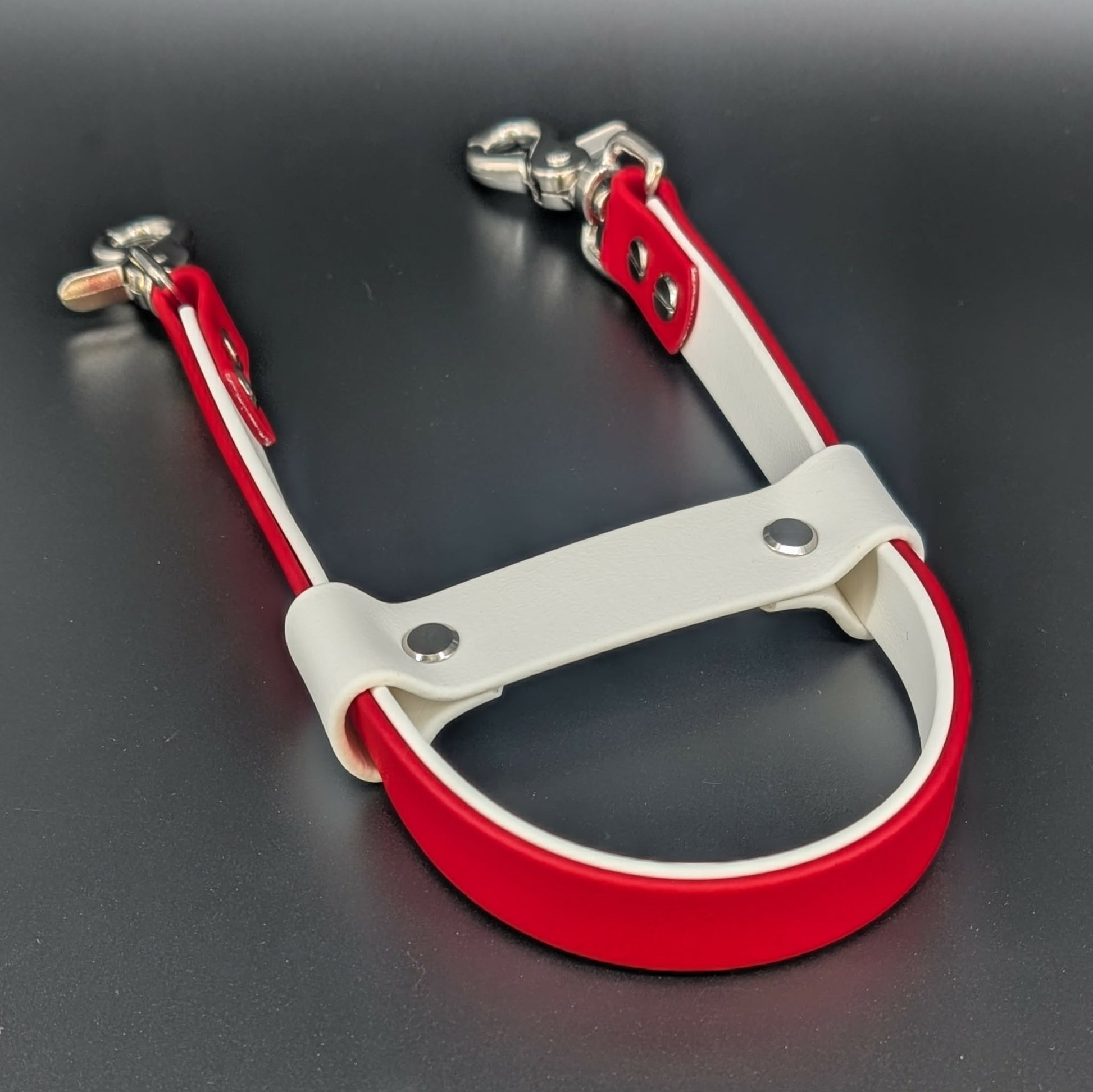 red and white layered biothane pull strap for forward momentum pulling service dog