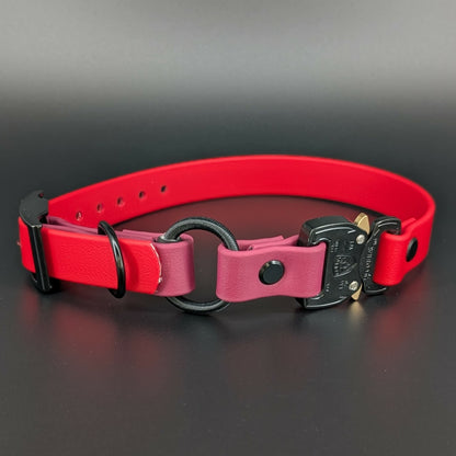 red and wine biothane e-collar strap with bungee and quick release cobra buckle