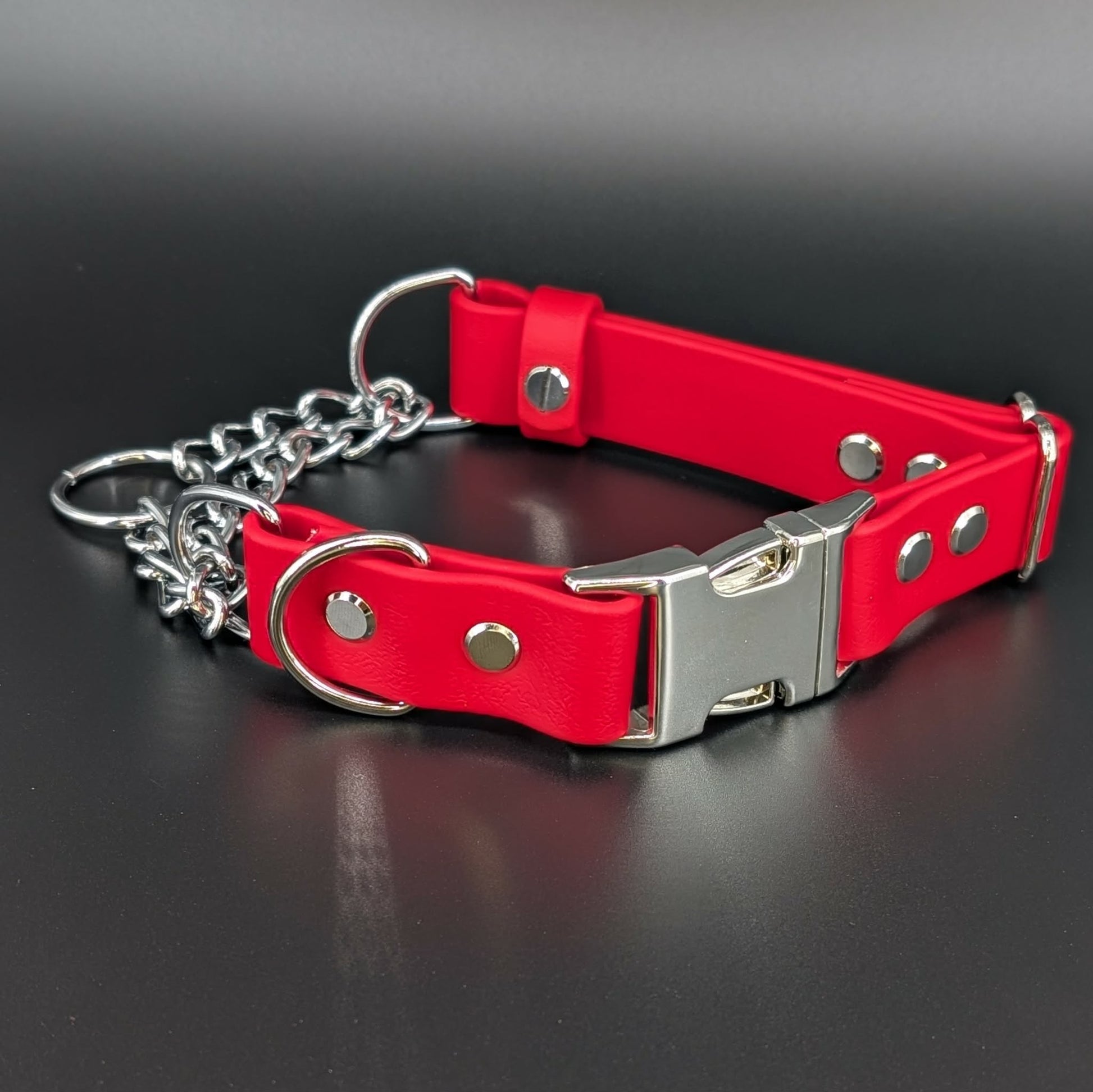 red biothane chain martingale collar with quick release buckle
