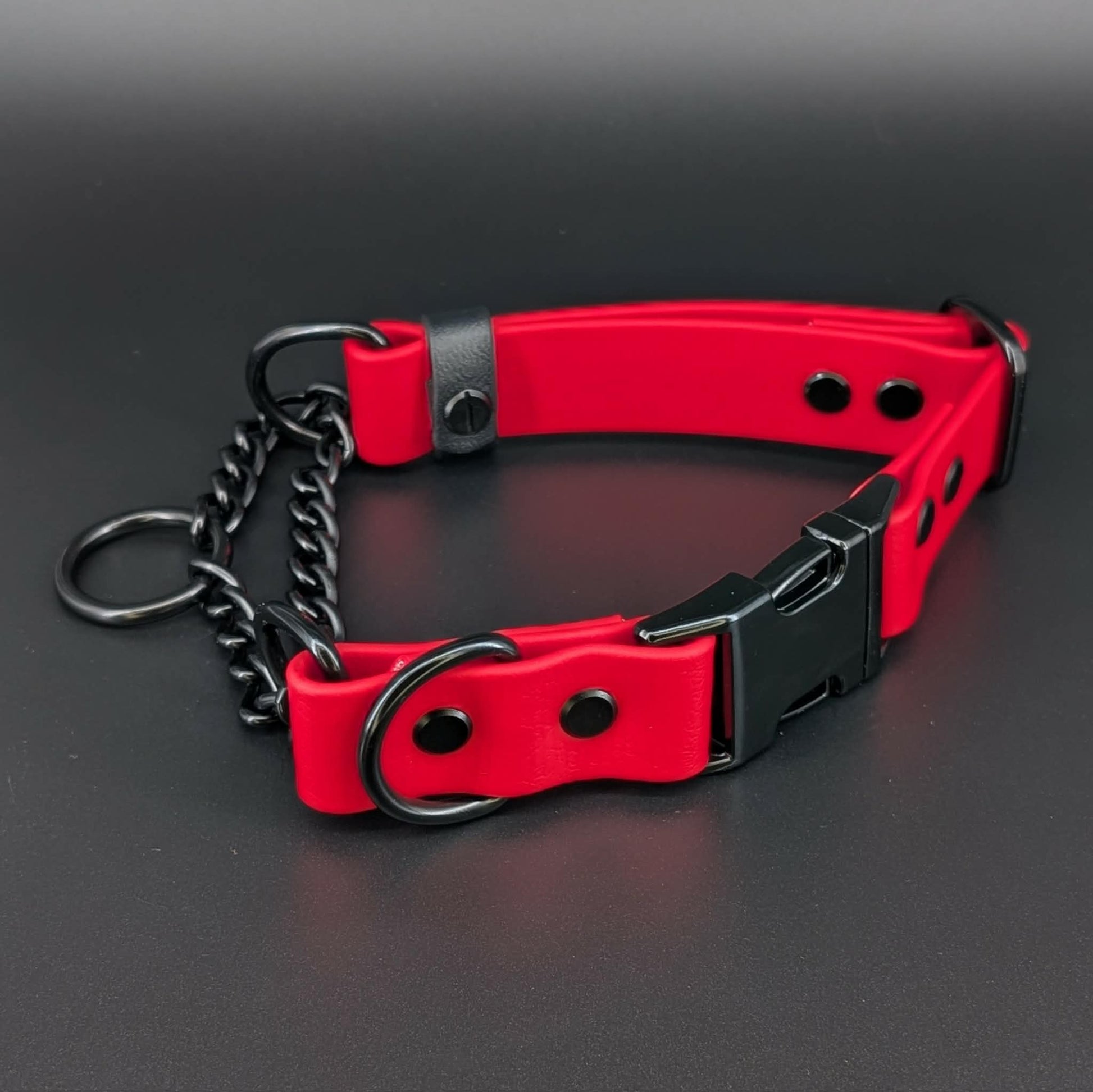 red biothane chain martingale dog collar with black quick release buckle