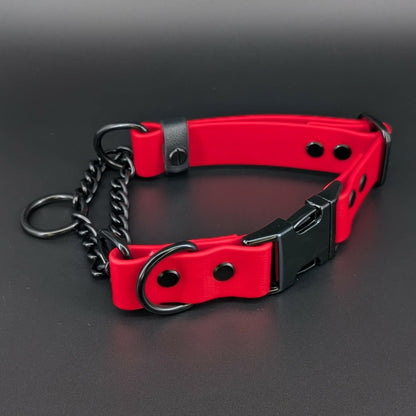 red biothane chain martingale dog collar with black quick release buckle
