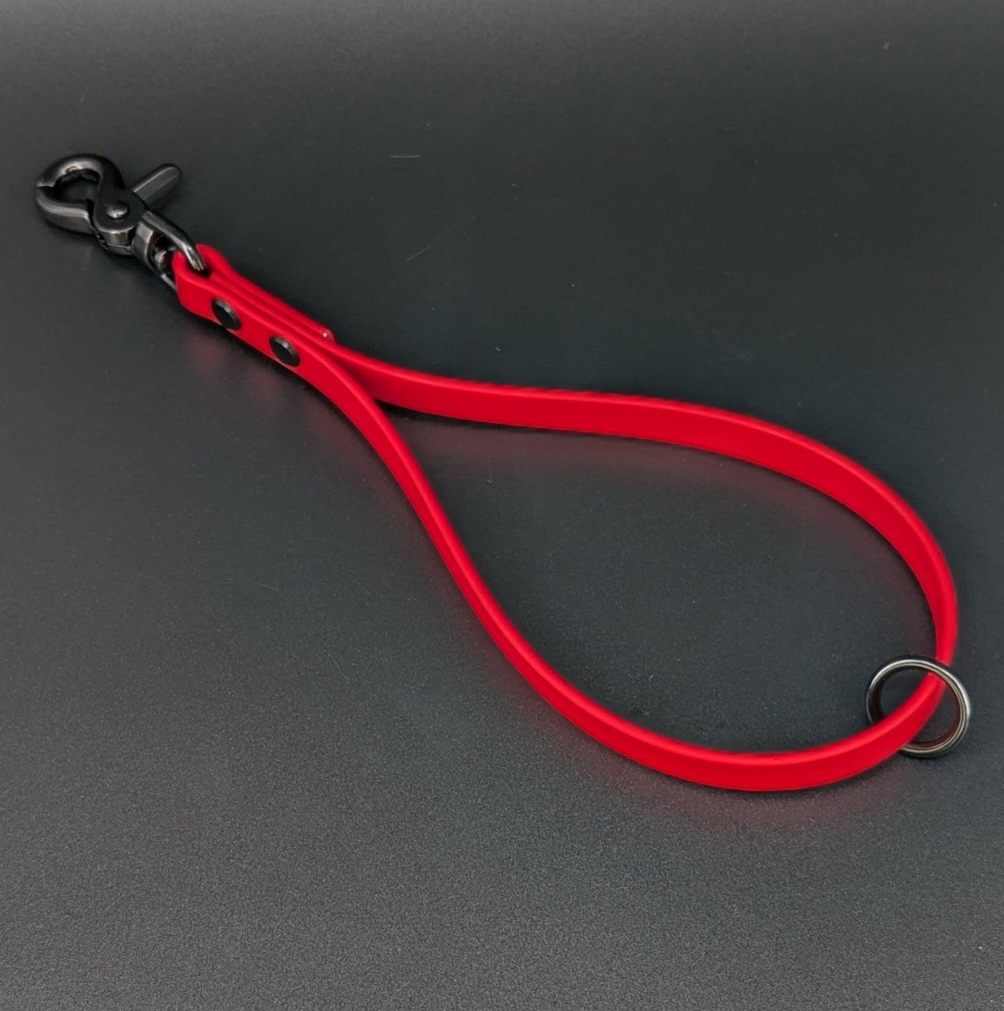 red biothane traffic handle with black hardware