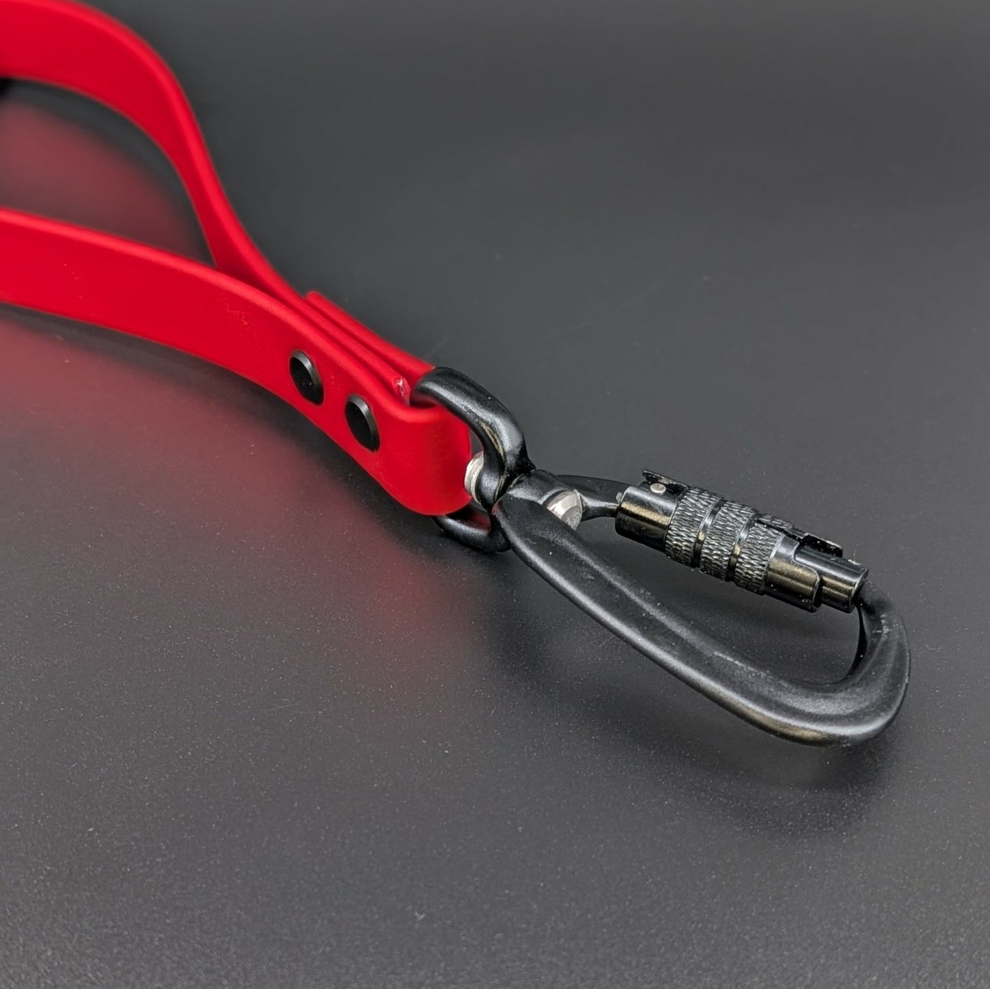 red biothane traffic handle with black locking carabiner clip