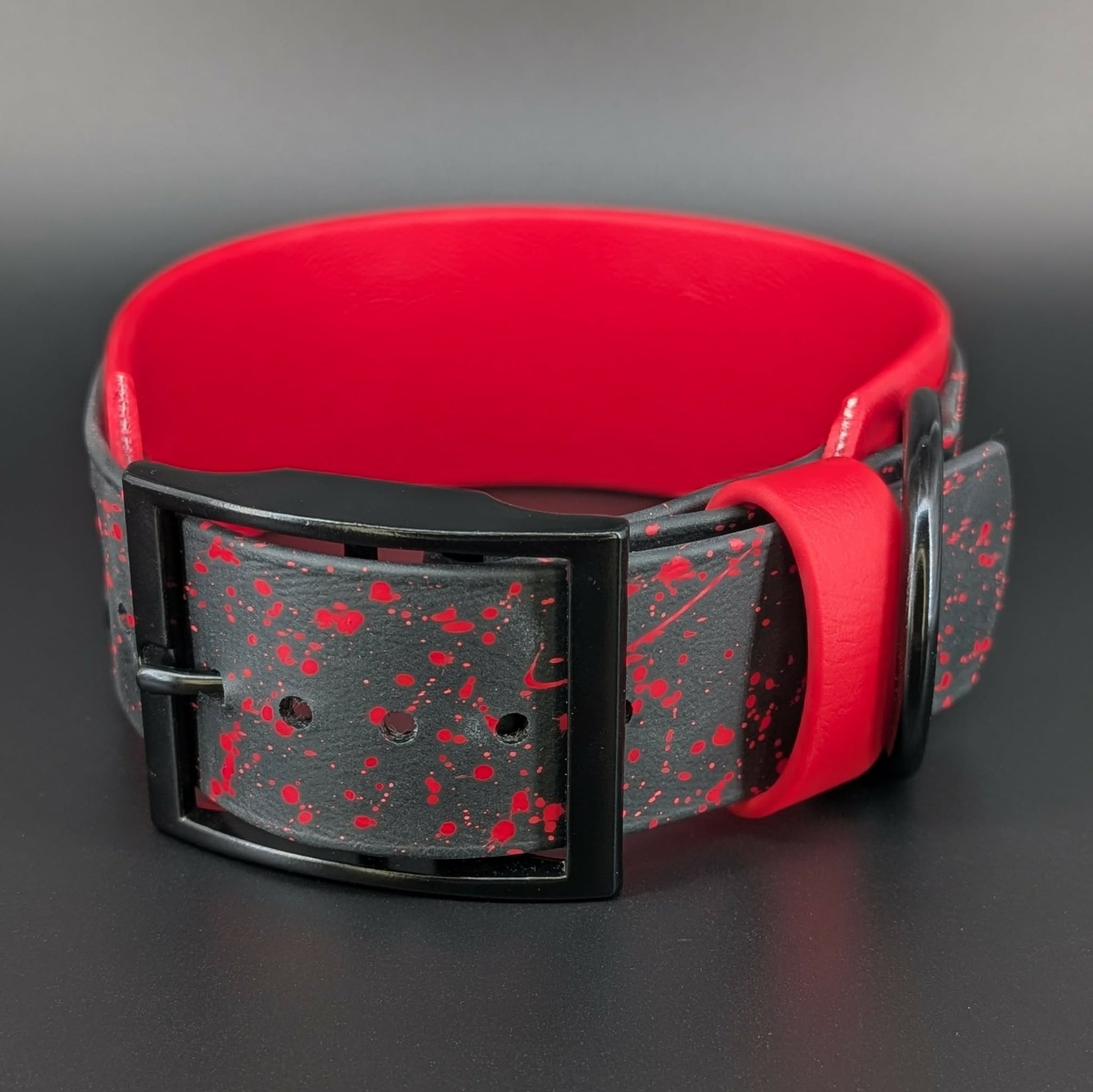 red splatter paint on red and black biothane collar
