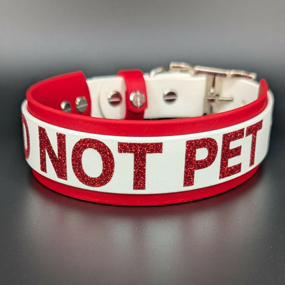 red and white layered biothane dog collar with 'DO NOT PET' text