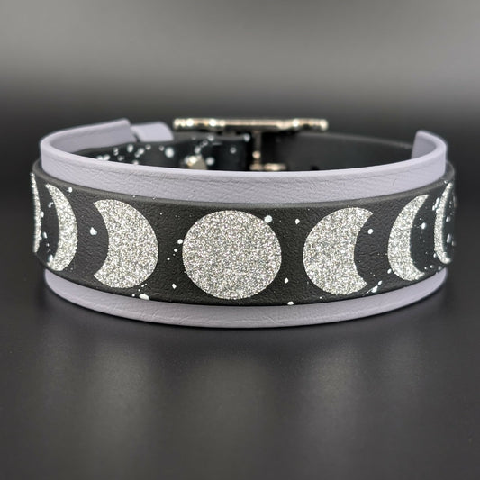 Ready to Ship - Gray and Black Layered Biothane Moon Phases Collar, 1.5 inch wide 13 - 16 inch neck