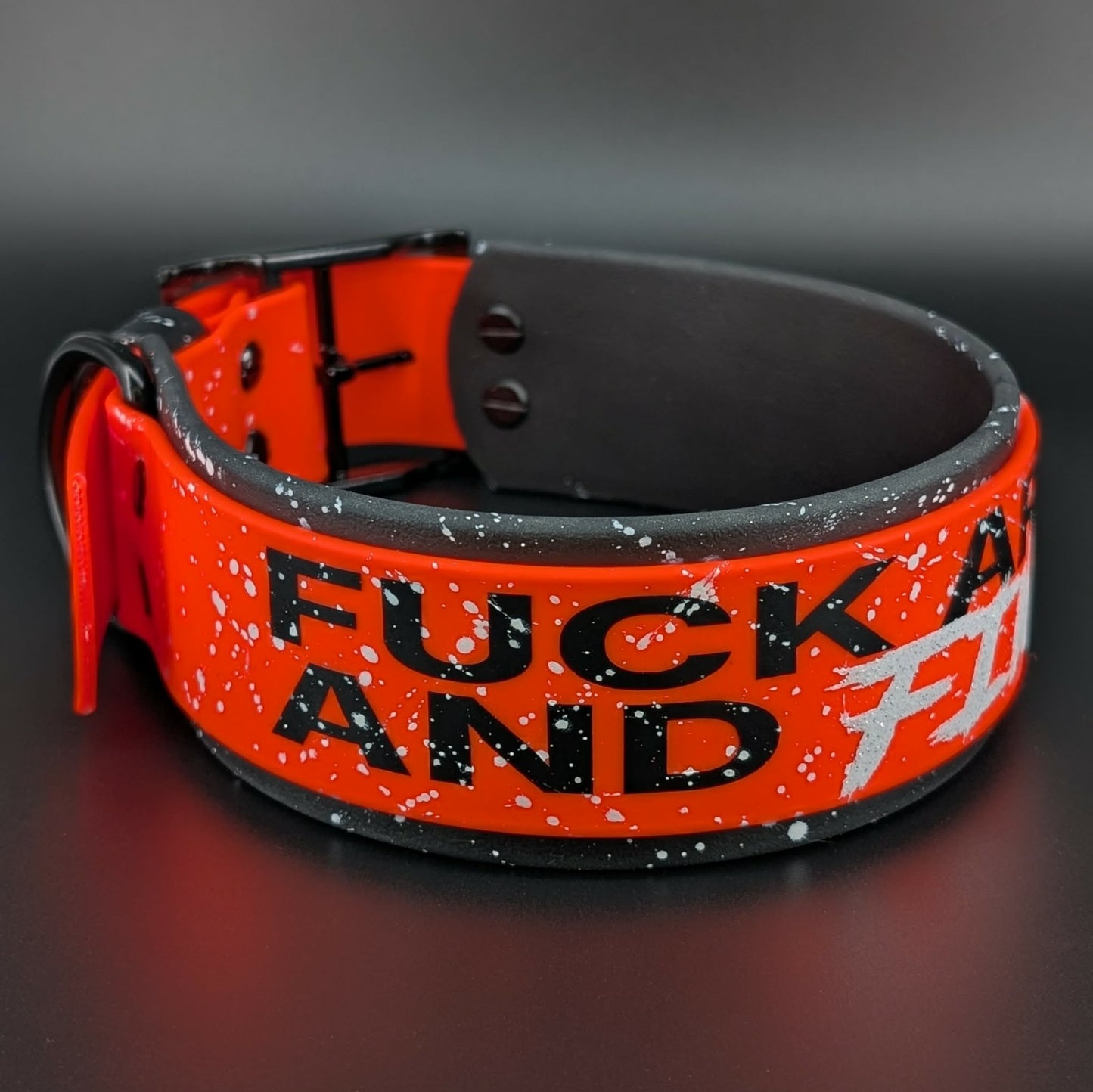 Ready to Ship - Black and Orange Layered Biothane FUCK AROUND AND FIND OUT Collar, 2 inch wide 18 - 21 inch neck