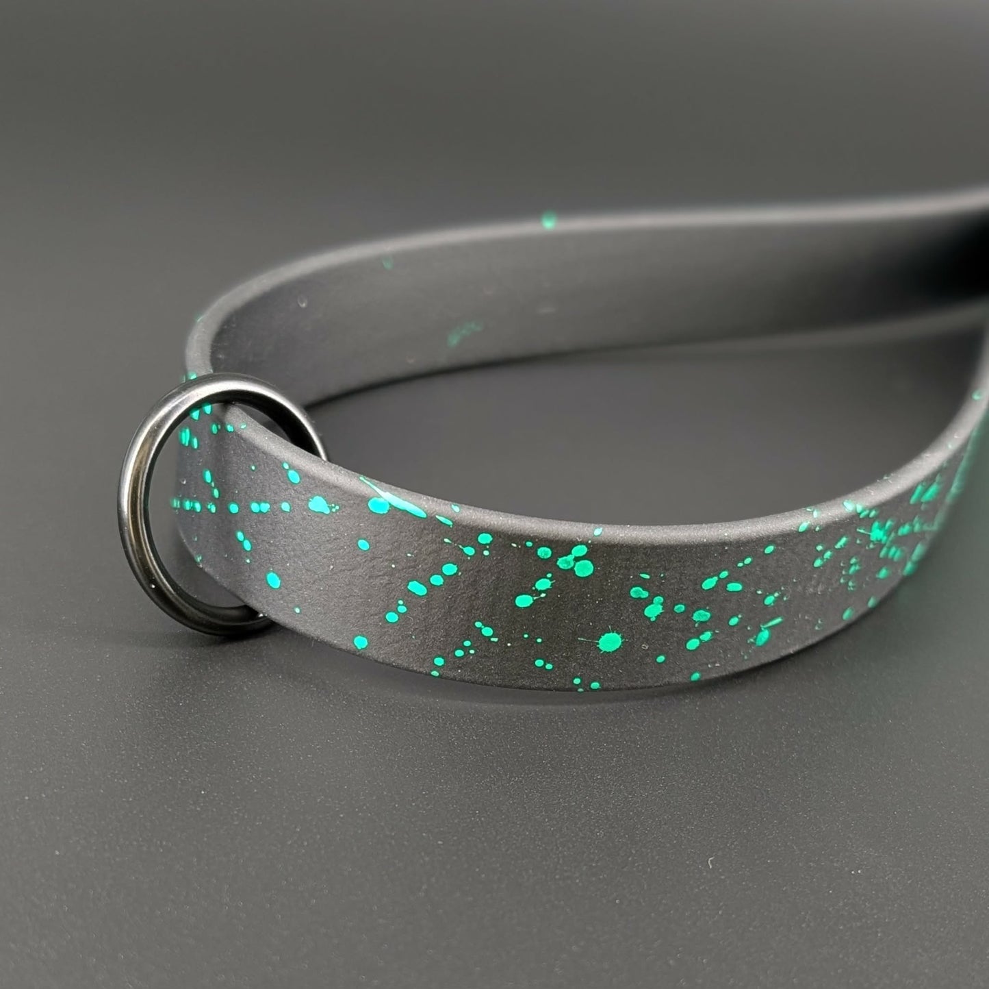 Ready to Ship - Black and Light Green Biothane Traffic Handle with Light Green Splatter Paint and O Ring