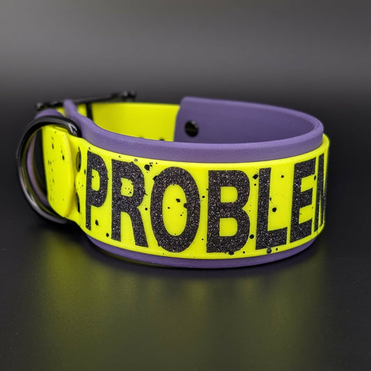 Ready to Ship - Dark Purple and Yellow Layered Biothane PROBLEM CHILD Collar, 2 inch wide 15 - 18 inch neck