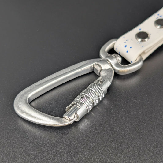 Ready to Ship - White Biothane Traffic Handle with Blue Splatter Paint, O Ring, and Carabiner Clip