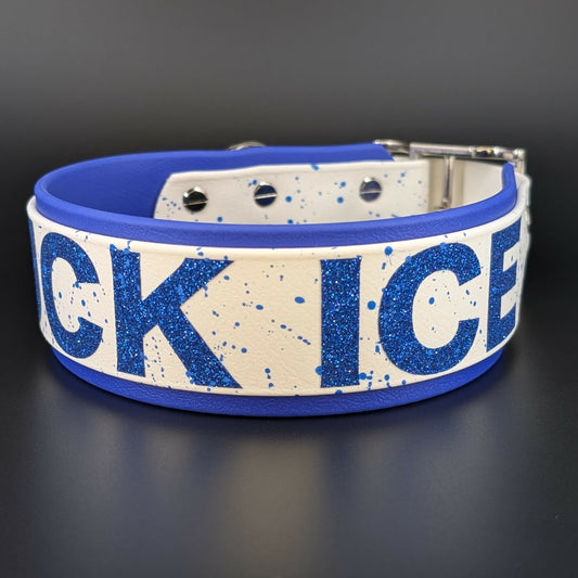 Ready to Ship - Royal Blue and White Layered Biothane FUCK ICE Collar, 2 inch wide 18 - 21 inch neck