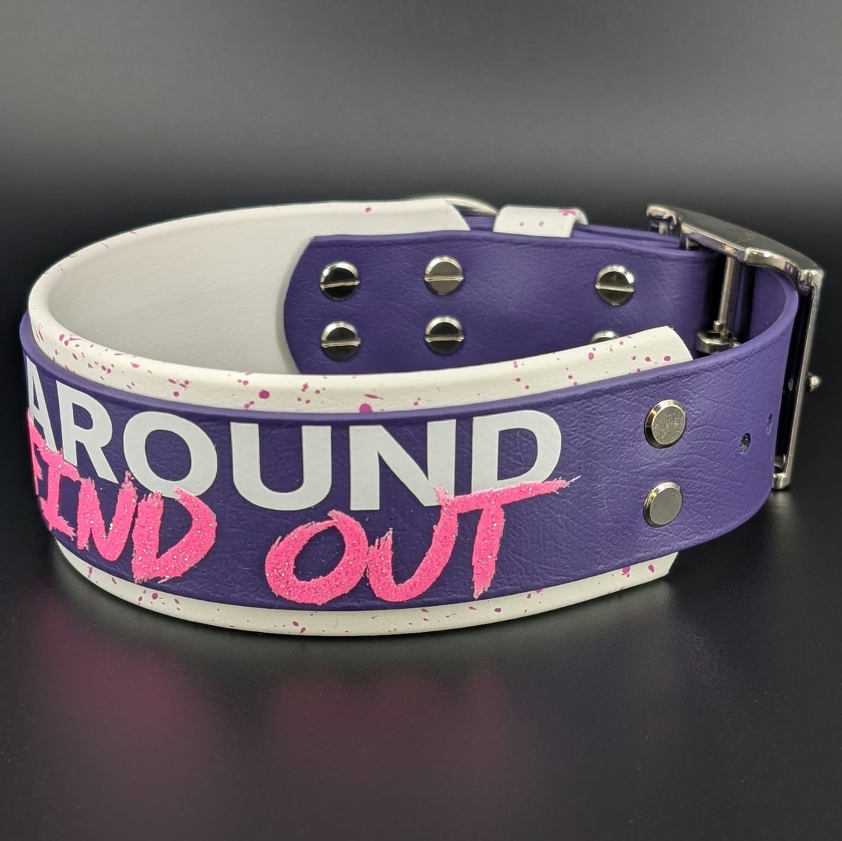 Ready to Ship - White and Dark Purple Layered Biothane FUCK AROUND AND FIND OUT Collar, 2 inch wide 15 - 18 inch neck