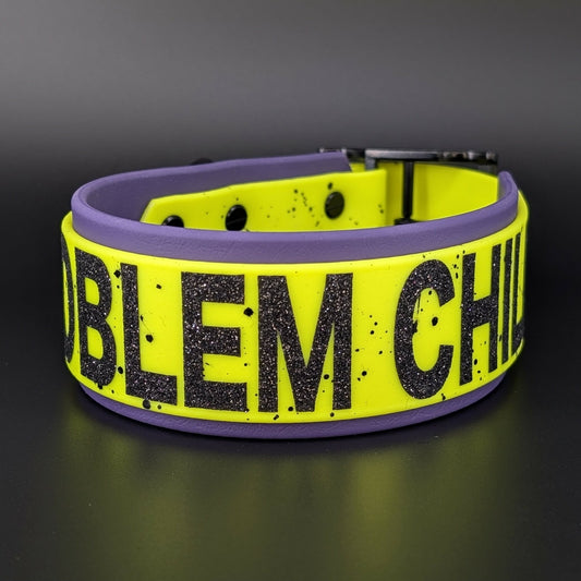 Ready to Ship - Dark Purple and Yellow Layered Biothane PROBLEM CHILD Collar, 2 inch wide 15 - 18 inch neck