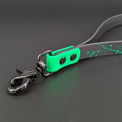 Ready to Ship - Black and Light Green Biothane Traffic Handle with Light Green Splatter Paint and O Ring