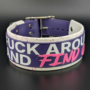 Ready to Ship - White and Dark Purple Layered Biothane FUCK AROUND AND FIND OUT Collar, 2 inch wide 15 - 18 inch neck