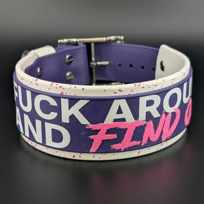 Ready to Ship - White and Dark Purple Layered Biothane FUCK AROUND AND FIND OUT Collar, 2 inch wide 15 - 18 inch neck