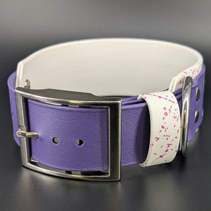 Ready to Ship - White and Dark Purple Layered Biothane FUCK AROUND AND FIND OUT Collar, 2 inch wide 15 - 18 inch neck