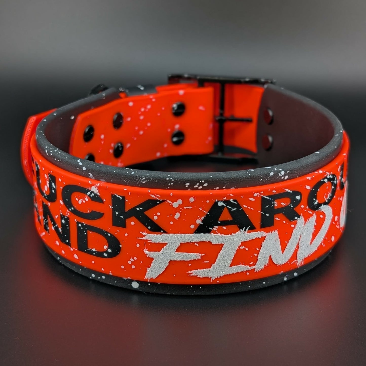 Ready to Ship - Black and Orange Layered Biothane FUCK AROUND AND FIND OUT Collar, 2 inch wide 18 - 21 inch neck