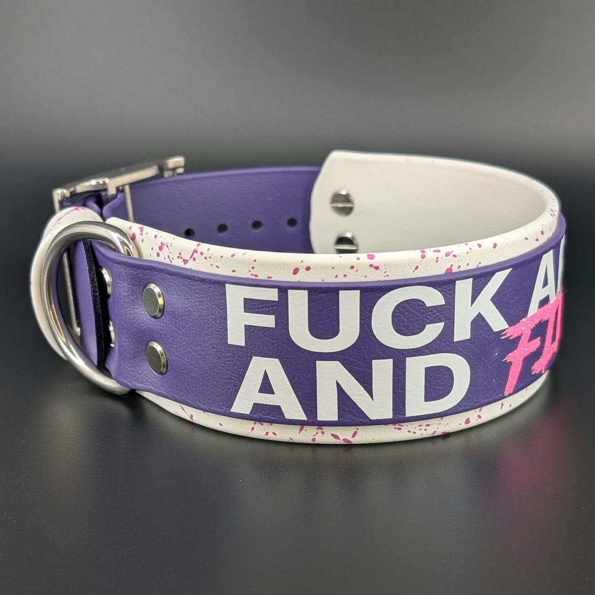 Ready to Ship - White and Dark Purple Layered Biothane FUCK AROUND AND FIND OUT Collar, 2 inch wide 15 - 18 inch neck
